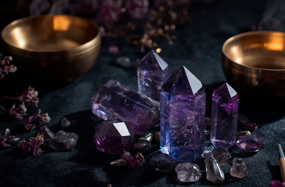 Purple crystal points and tumbled purple stones arranged on dark velvet beside two brass singing bowls, dried flowers, and a smoking incense stick.