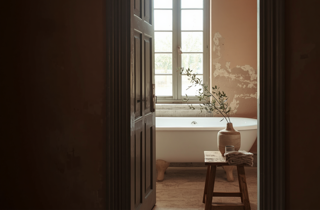 A freestanding bathtub beneath tall windows in a softly lit bathroom, with a wooden stool, folded linens, and an earthenware vase creating a calm, ritual-inspired atmosphere.